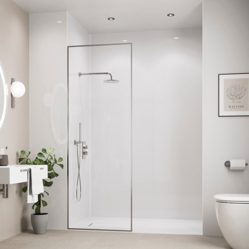 Lifestyle image of the Showerwall Laminate White Gloss 2440mm x 879mm Proclick MDF Wall Panel installed within a shower enclosure - SW37